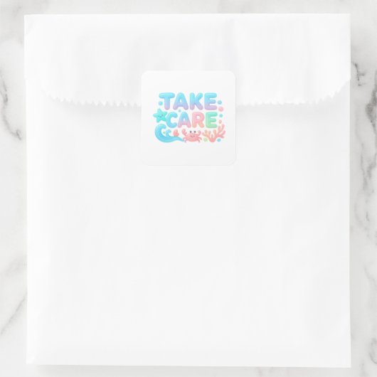 Take Care Pastel Ocean Glossy Text Vierkante Sticker (Tas)