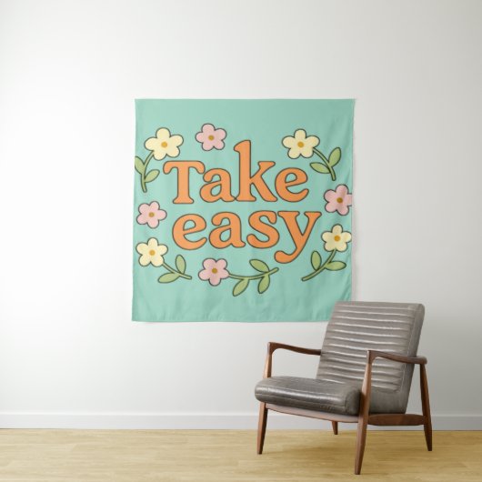 "Take Easy": Positive Retro Floral Illustration Wandkleed (In situ)