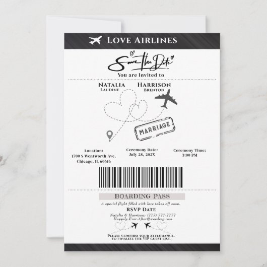 Take Flight with Love: Boarding Pass Save the Date Kaart (Voorkant)