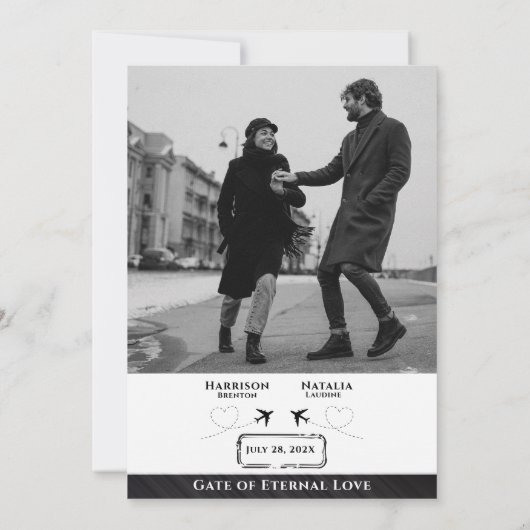 Take Flight with Love: Boarding Pass Save the Date Kaart (Achterkant)