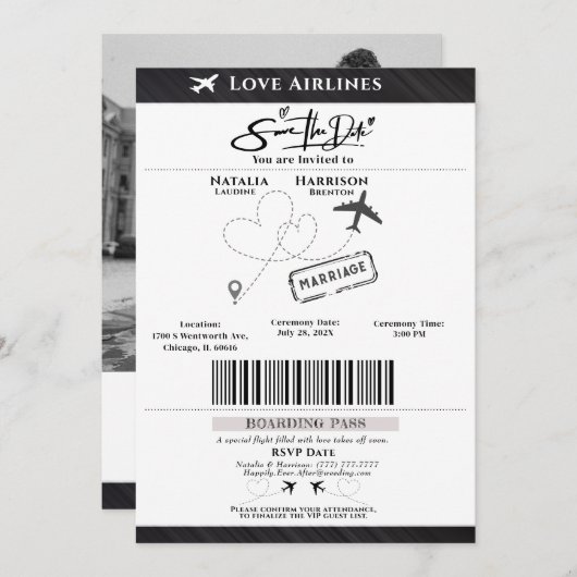 Take Flight with Love: Boarding Pass Save the Date Kaart (Voorkant / Achterkant)