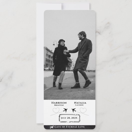 Take Flight with Love: Boarding Pass Save the Date Kaart (Achterkant)