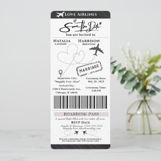 Take Flight with Love: Boarding Pass Save the Date Kaart (Staand voorkant)