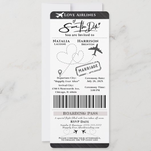 Take Flight with Love: Boarding Pass Save the Date Kaart (Voorkant)