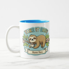 Take It Easy Sloth Custom Name  Tweekleurige Koffiemok