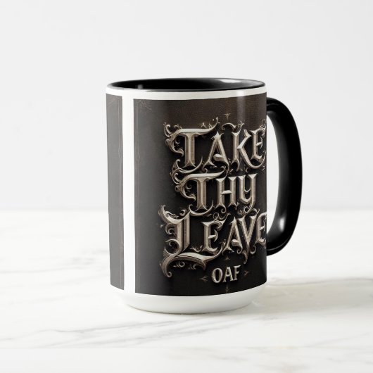'Take Thy Leave, Oaf' middeleeuwse koffie Mok Cup (Voorkant rechts)