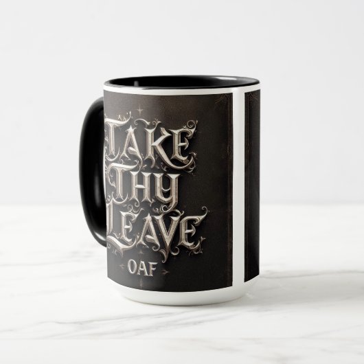 'Take Thy Leave, Oaf' middeleeuwse koffie Mok Cup (Voorkant links)