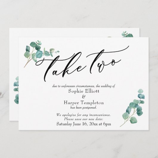 Take Two Eucalyptus Uitgestelde Huwelijksaankondig Kaart (Voorkant / Achterkant)