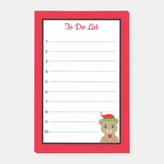 Takenlijst Cute Beer Elf op rood en wit geruit Post-it® Notes (Voorkant)