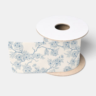 Takken met kersenbloesem in blauw en witcreme satijnen lint