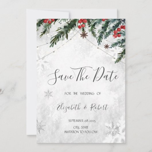Takken Rode Bessen Sneeuwvlokken Bewaar De Datum Save The Date (Voorkant)