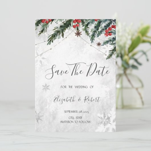 Takken Rode Bessen Sneeuwvlokken Bewaar De Datum Save The Date (Staand voorkant)