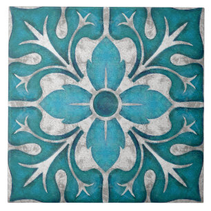 Talavera 01 Teal Blauw Grijs Mediterraan Bloemmoti Tegeltje