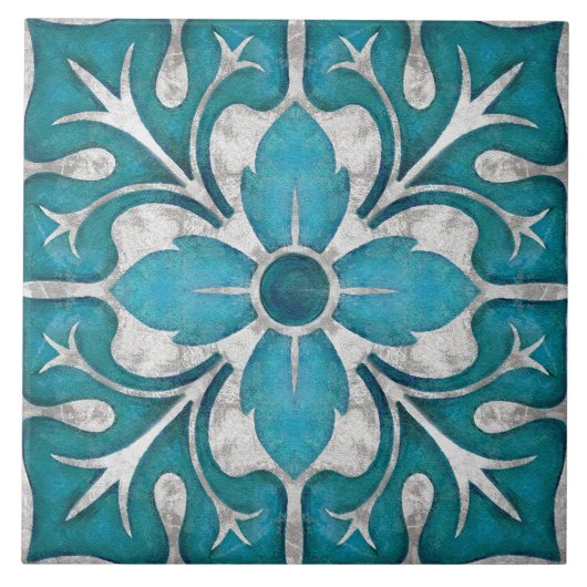 Talavera 01 Teal Blue Grey Mediterranean Floral Tegeltje (Voorkant)