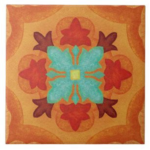 Talavera 02 Oranje Rood Blauw Mediterraan Bloemmot Tegeltje
