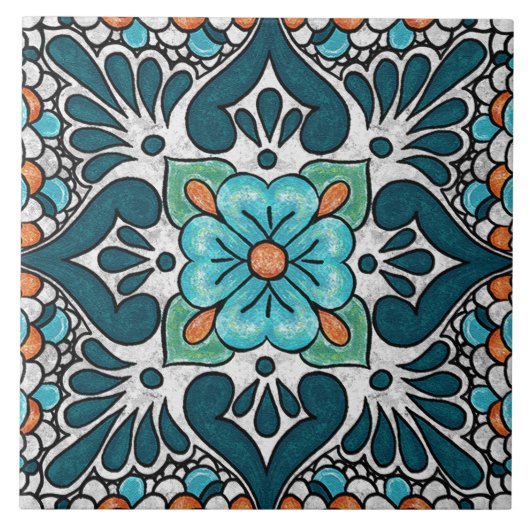 Talavera 06 Teal Blue Green Mediterranean Floral Tegeltje (Voorkant)