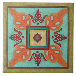 Talavera 15 Olijf Aqua Oranje Mediterraan Bloemmot Tegeltje