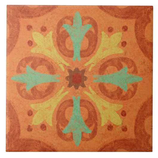 Talavera 16 Orange Rust Aqua Mediterranean Geo Tegeltje (Voorkant)