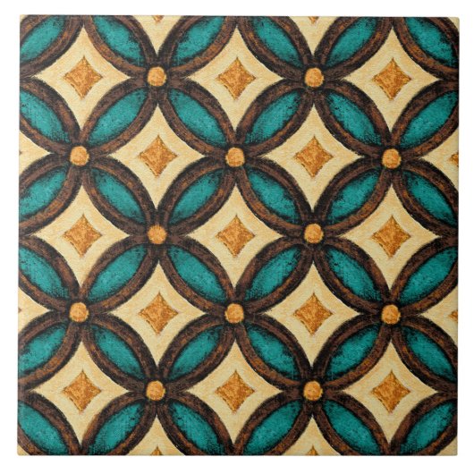 Talavera 18 Teal Brown Ivory Mediterranean Lattice Tegeltje (Voorkant)