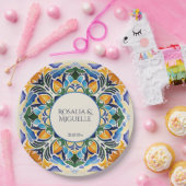 Talavera azulejo blauw  Mexicaans monogram Papieren Bordje (Feest)