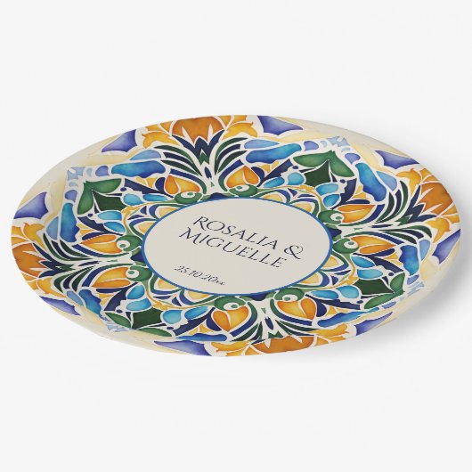 Talavera azulejo blauw Mexicaans monogram Papieren Bordje (Gekanteld)