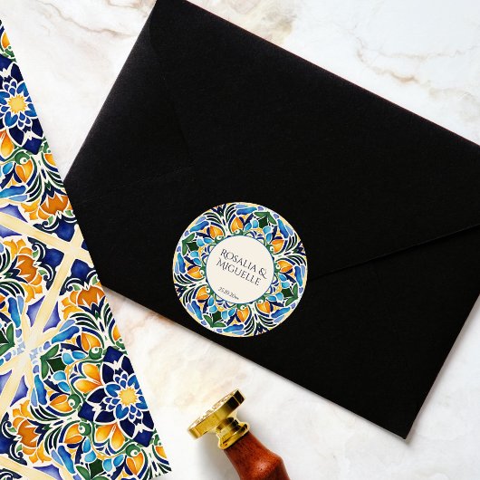 Talavera azulejo blauw  Mexicaans monogram Ronde Sticker