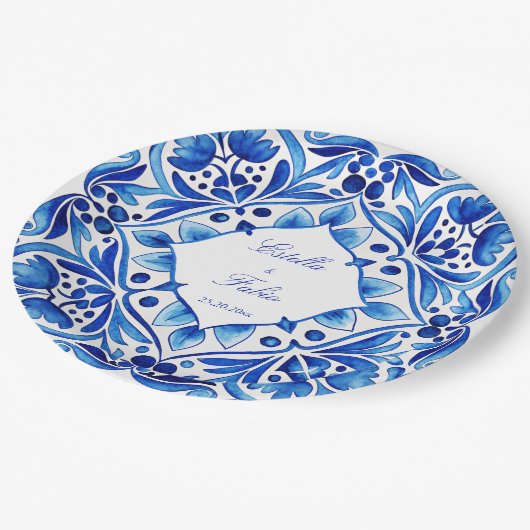 Talavera Azulejo blauw tegel bruiloft gedrukt Papieren Bordje (Gekanteld)