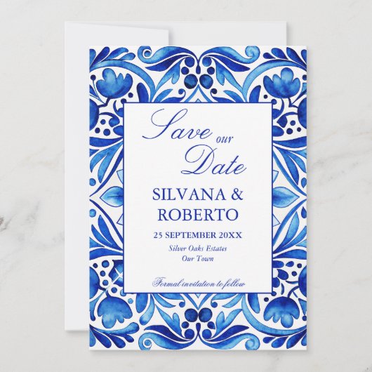  Talavera Azulejo blauw tegels bruiloft Save The Date (Voorkant)
