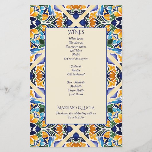 Talavera azulejo blauw tegels menukaart (Achterkant)