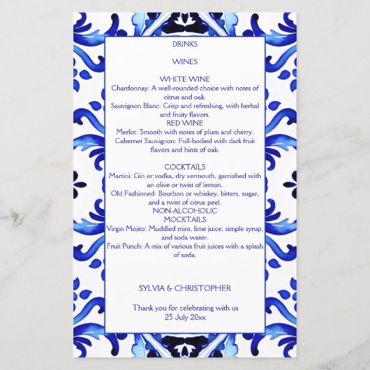 Talavera azulejo blauw tegels Mexicaans menu (Achterkant)