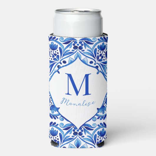 Talavera Azulejo blauw tegels monogram Seltzer Blikjeskoeler (Seltzer Voorkant)