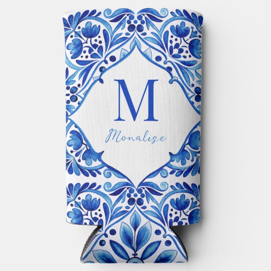  Talavera Azulejo blauw tegels monogram Seltzer Blikjeskoeler (Voorkant)