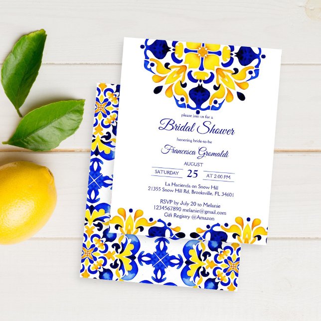 Talavera azulejo blauw tegels vrijgezellenfeest ui (Talavera azulejo Maiolica blue tiles Mediterranean Mexican bridal shower affordable budget invite )