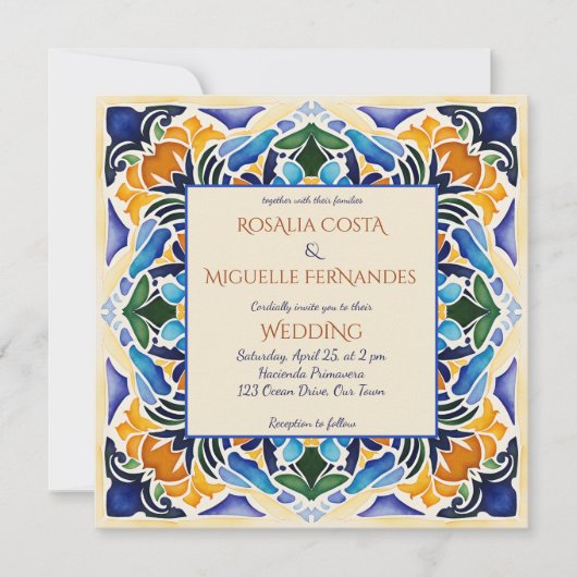 Talavera azulejo blauwe tegel  bruiloft kaart (Voorkant)