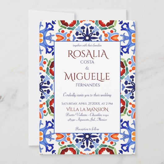 Talavera azulejo blauwe tegel  bruiloft kaart (Voorkant)