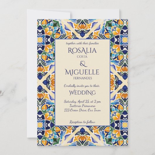 Talavera azulejo blauwe tegel  bruiloft kaart (Voorkant)