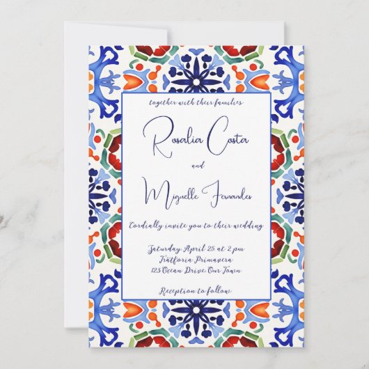 Talavera azulejo blauwe tegel  bruiloft kaart (Voorkant)