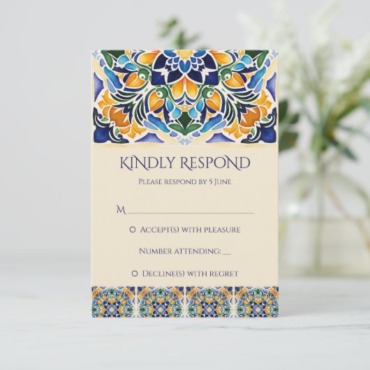 Talavera azulejo blauwe tegel  bruiloft RSVP kaartje (Staand voorkant)