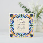 Talavera azulejo blauwe tegel bruiloft save the date (Staand voorkant)