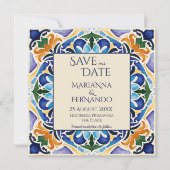 Talavera azulejo blauwe tegel bruiloft save the date (Voorkant)