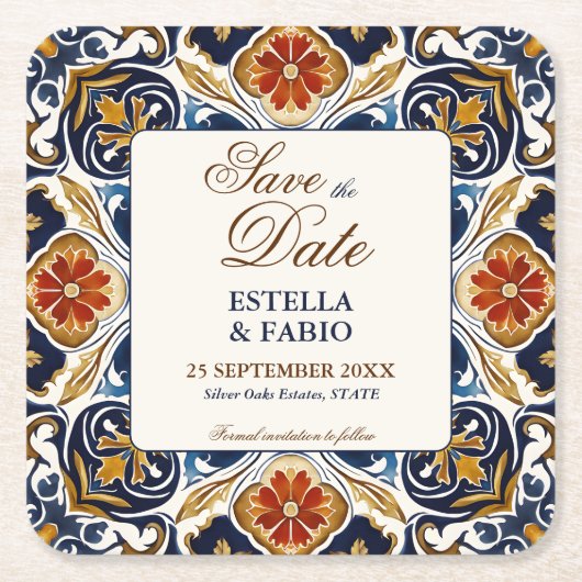 Talavera Azulejo bruiloft Save the Date Kartonnen Onderzetters (Voorkant)