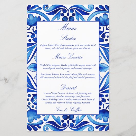  Talavera Azulejo Mediterraan blauw menu (Voorkant)