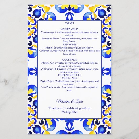 Talavera azulejo Mediterraans blauw tegels menu (Achterkant)