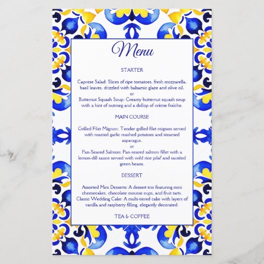 Talavera azulejo Mediterraans blauw tegels menu (Voorkant)