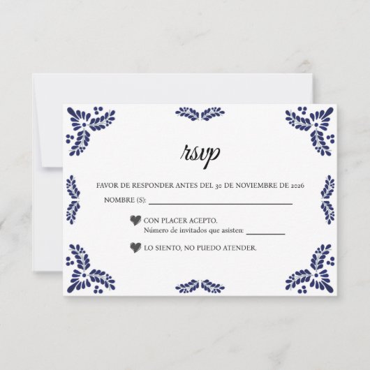 Talavera Black Floral Minimalist Spanish Wedding RSVP Kaartje (Voorkant)