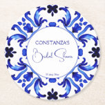 Talavera blauw tegels Mexicaans vrijgezellenfeest  Ronde Kartonnen Onderzetter<br><div class="desc">Talavera azulejo blauw tegels  Mexicaans vrijgezellenfeest monogram bedrukt papier onderzetter sjabloon,  Mediterraan blauw tegel patroon Maiolica blauw tegels Grieks tegels patroon vrijgezellenfeesten gepersonaliseerd onderzetter servies tafel decor dat ook kan worden als vrijgezellenfeest vrijgezellenfeest gunsten</div>