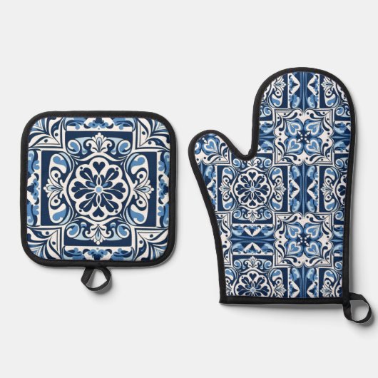 Talavera Blauwe Tegels Ovenwant & Pannenlap Set (Voorkant)