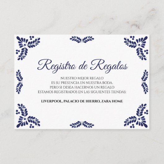 Talavera Blue Floral Minimalist Spanish Wedding Informatiekaartje (Voorkant)