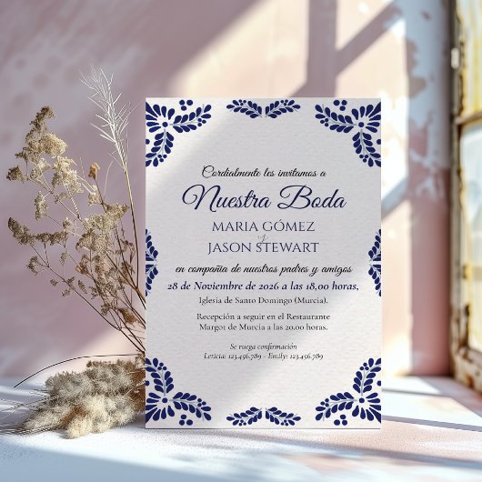 Talavera Blue Floral Minimalist Spanish Wedding Kaart
