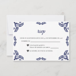 Talavera Blue Floral Minimalist Spanish Wedding RSVP Kaartje